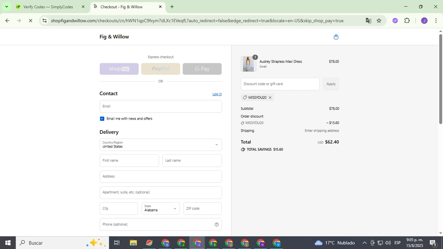 Fig & Willow promo code screenshot showing code MISSYOU20 applied at Fig & Willow checkout page. Uploaded by SimplyCodes community member PromoHunter9043 on Aug 16, 2025