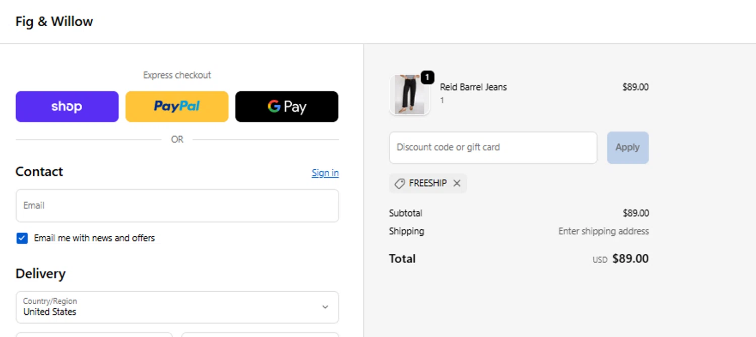 Fig & Willow promo code screenshot showing code FREESHIP applied at Fig & Willow checkout page. Uploaded by SimplyCodes community member tumdre on Oct 9, 2025