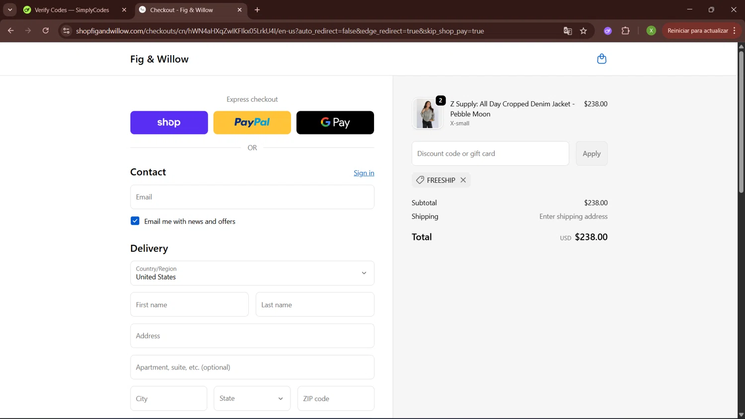 Fig & Willow promo code screenshot showing code FREESHIP applied at Fig & Willow checkout page. Uploaded by SimplyCodes community member SaleTiger1087 on Oct 27, 2025