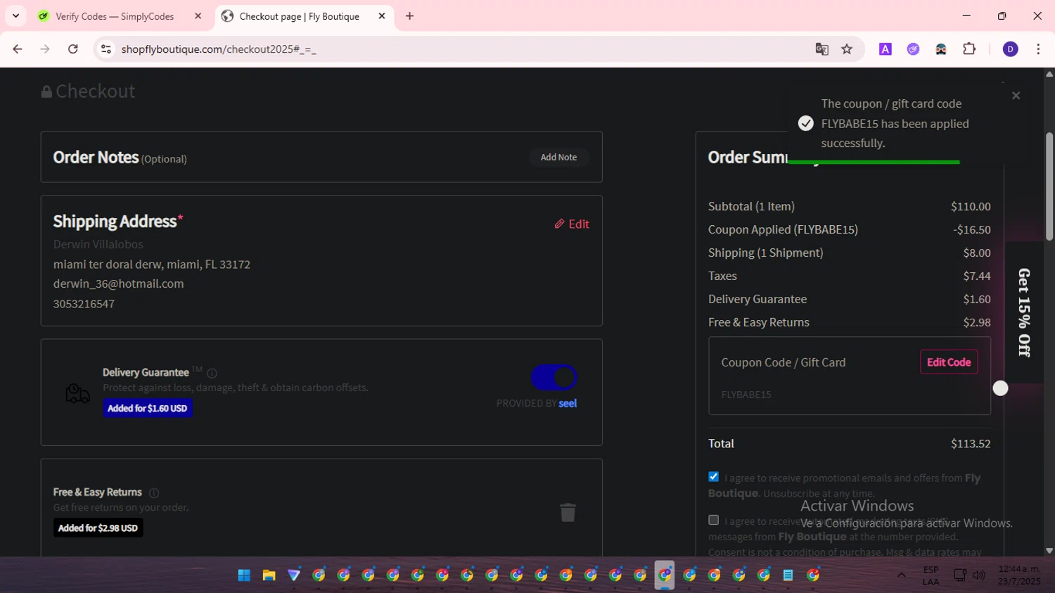 Fly Boutique coupon code screenshot showing code FLYBABE15 applied at Fly Boutique checkout page. Uploaded by SimplyCodes community member WonderLion2890 on Jul 23, 2025