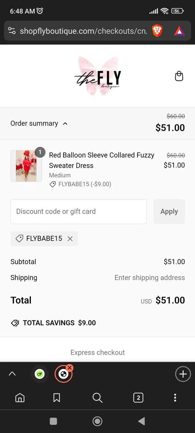 Fly Boutique coupon code screenshot showing code FLYBABE15 applied at Fly Boutique checkout page. Uploaded by SimplyCodes community member BargainPioneer8286 on Jan 7, 2025