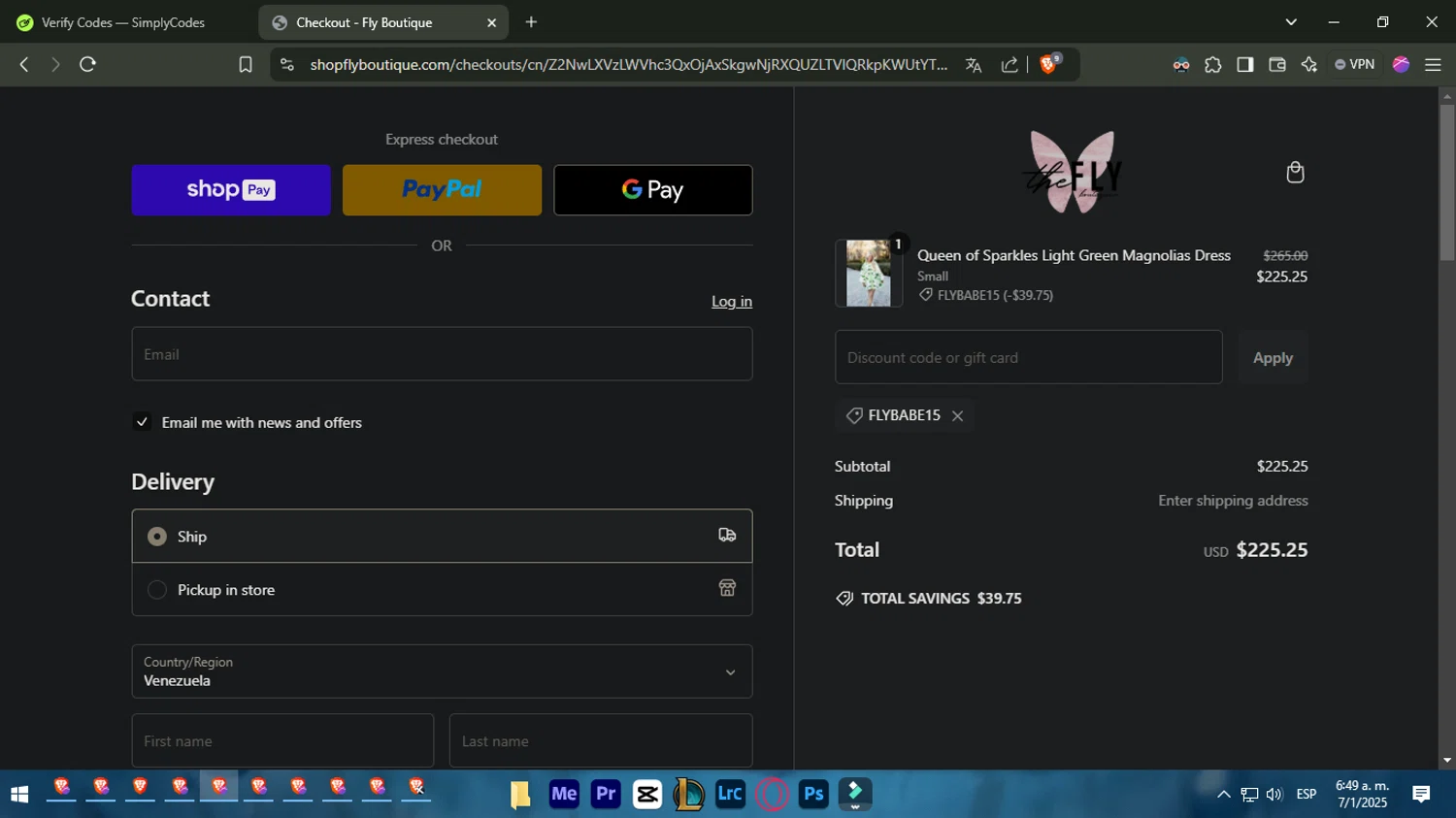 Fly Boutique coupon code screenshot showing code FLYBABE15 applied at Fly Boutique checkout page. Uploaded by SimplyCodes community member SavingsFinder7816 on Jan 7, 2025