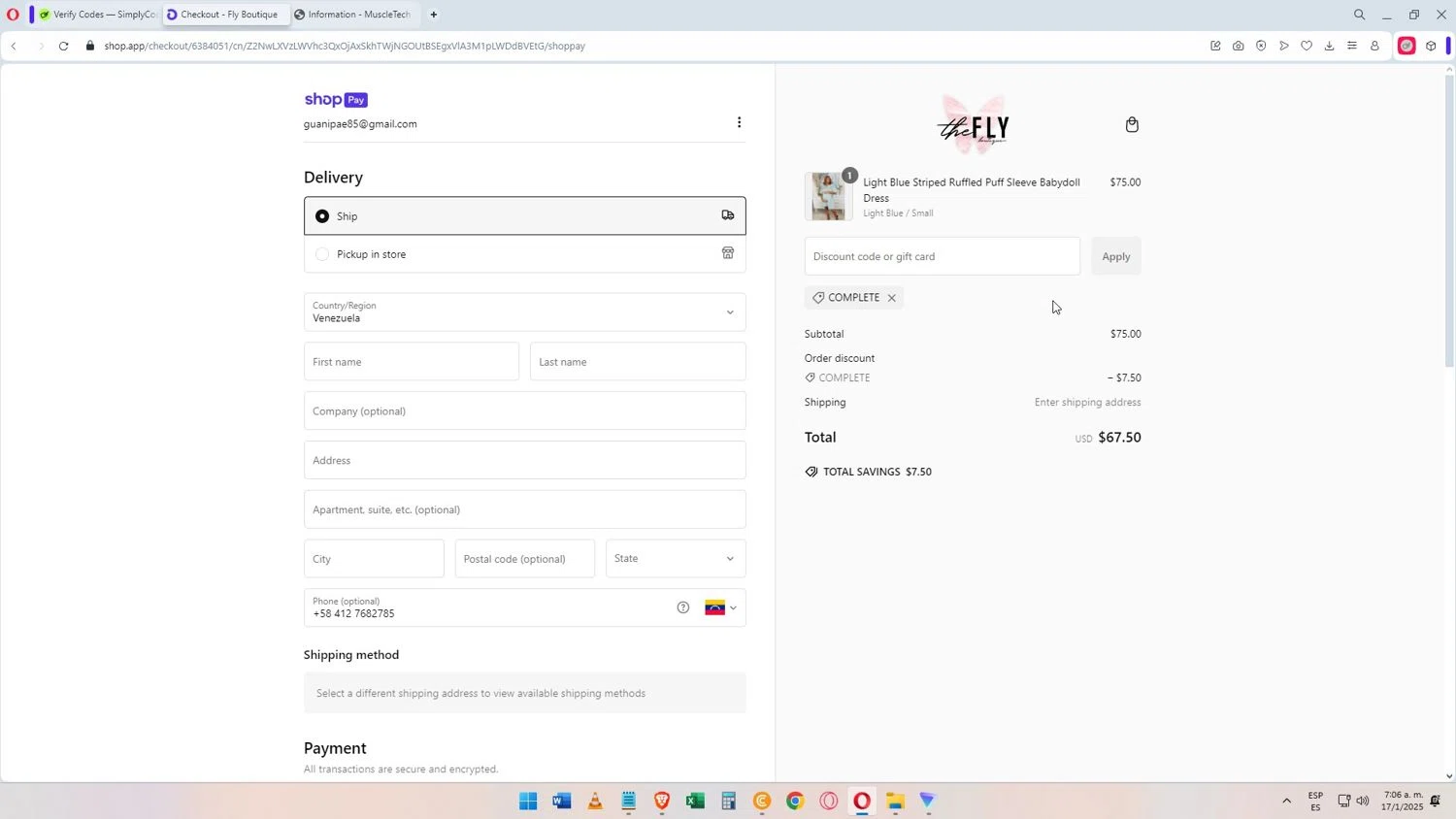 Fly Boutique coupon code screenshot showing code COMPLETE applied at Fly Boutique checkout page. Uploaded by SimplyCodes community member Darkosukaru on Jan 17, 2025