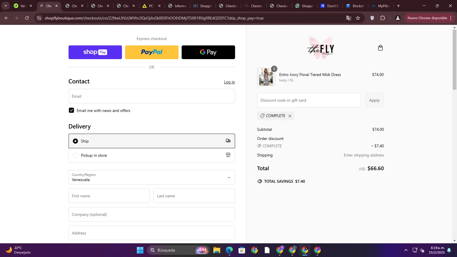 Fly Boutique coupon code screenshot showing code COMPLETE applied at Fly Boutique checkout page. Uploaded by SimplyCodes community member ElCazarecompensas on Feb 15, 2025