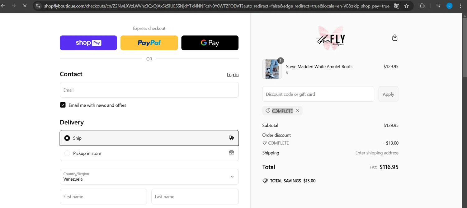 Fly Boutique coupon code screenshot showing code COMPLETE applied at Fly Boutique checkout page. Uploaded by SimplyCodes community member Jeanjc on Mar 4, 2025