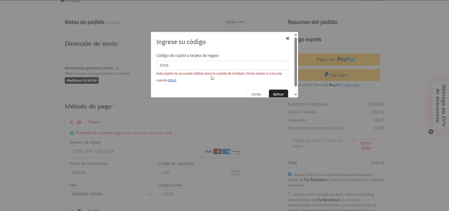 Fly Boutique coupon code screenshot showing code FLY25 applied at Fly Boutique checkout page. Uploaded by SimplyCodes community member Raibelys_18 on Jul 25, 2025