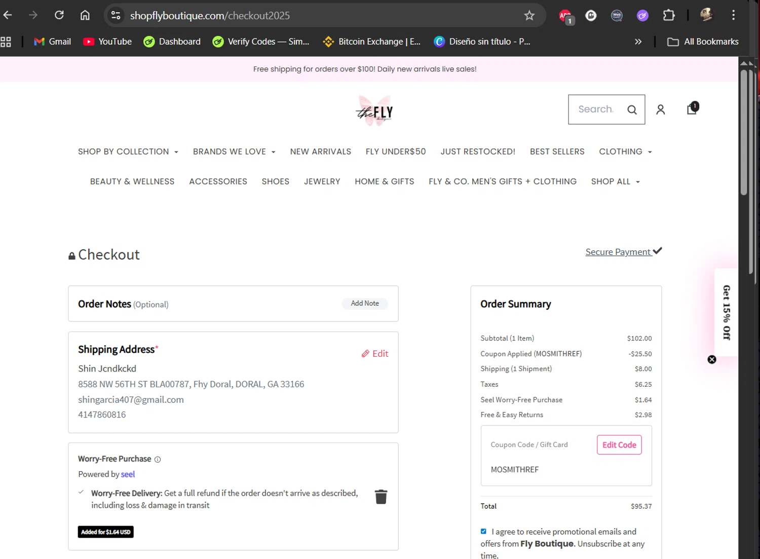 Fly Boutique coupon code screenshot showing code MOSMITHREF applied at Fly Boutique checkout page. Uploaded by SimplyCodes community member LiShang on Nov 26, 2025