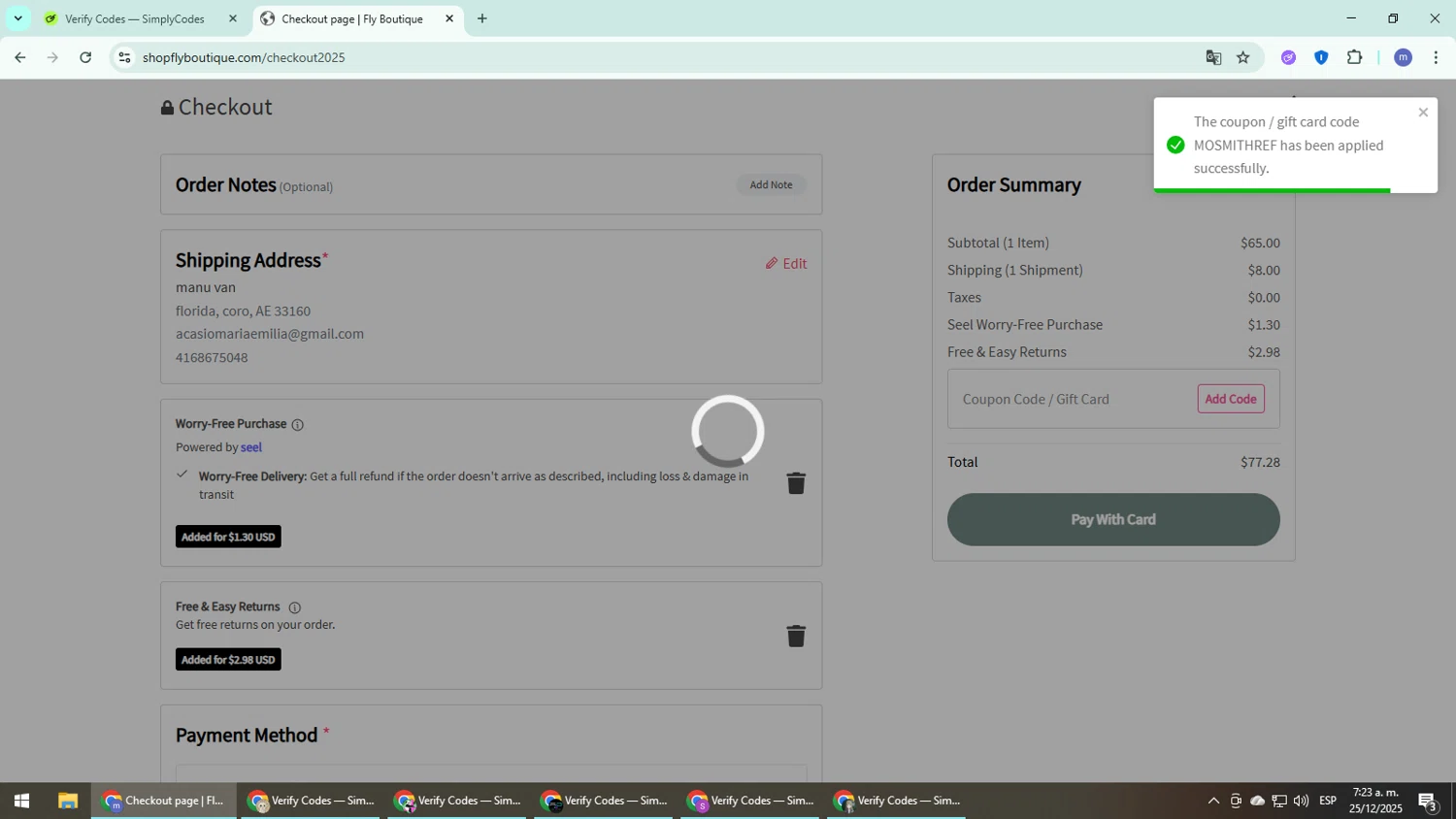Fly Boutique coupon code screenshot showing code MOSMITHREF applied at Fly Boutique checkout page. Uploaded by SimplyCodes community member QuestDefender2661 on Dec 25, 2025