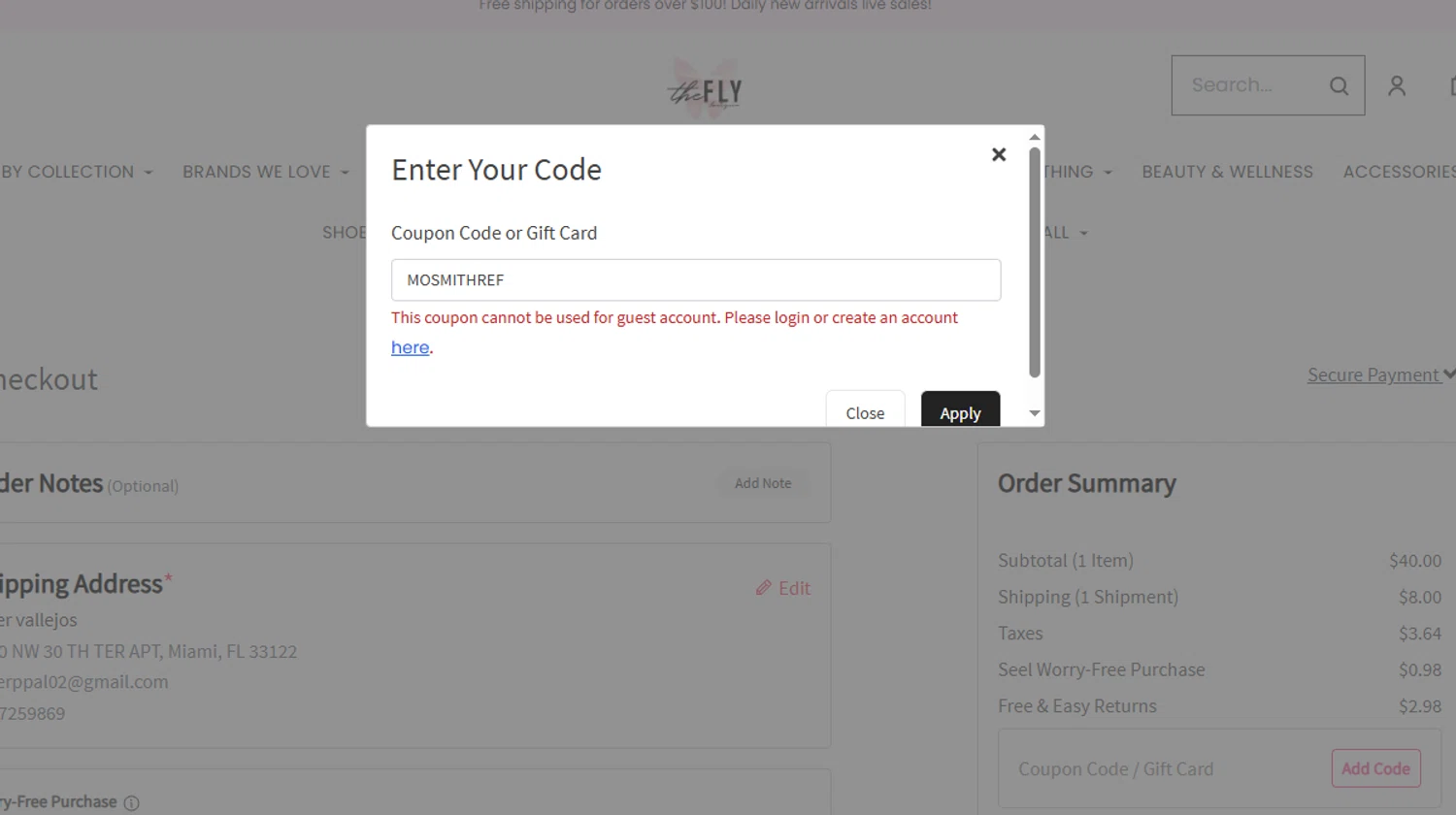 Fly Boutique coupon code screenshot showing code MOSMITHREF applied at Fly Boutique checkout page. Uploaded by SimplyCodes community member ricardoramirez1 on Nov 26, 2025