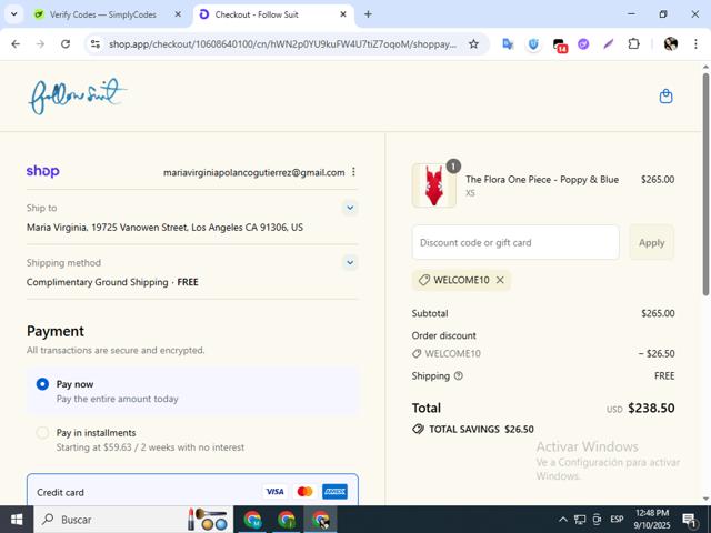 Follow Suit checkout page showing Follow Suit promo code box | Screenshot taken by SimplyCodes community member on Sep 10, 2025