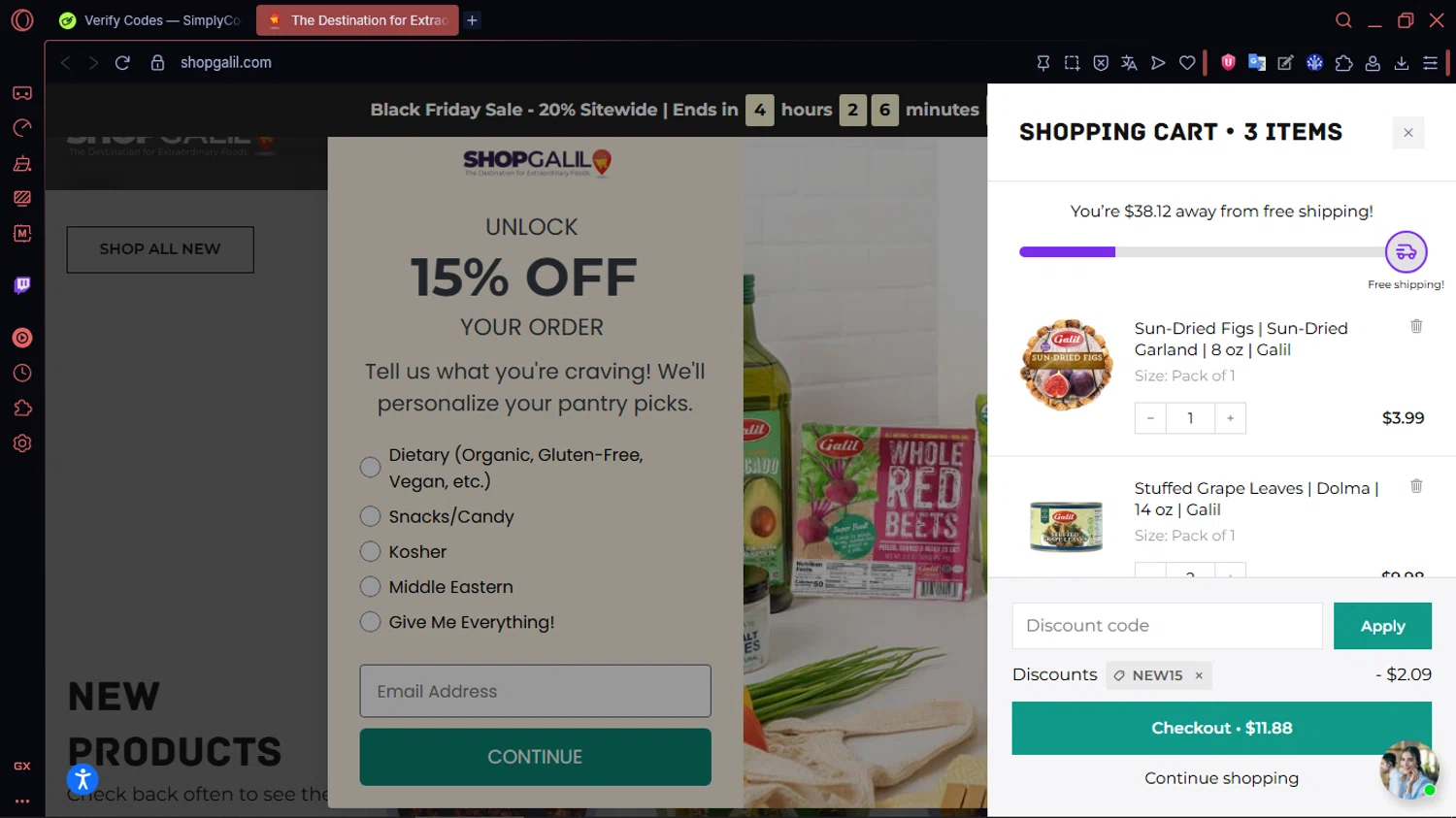 ShopGalil coupon code screenshot showing code NEW15 applied at ShopGalil checkout page. Uploaded by SimplyCodes community member MoneySentinel1166 on Dec 1, 2025