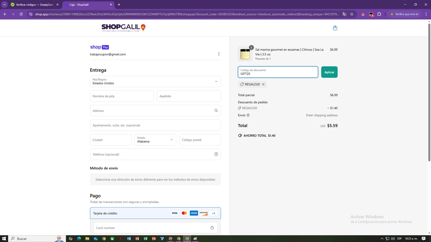 ShopGalil coupon code screenshot showing code GIFT20 applied at ShopGalil checkout page. Uploaded by SimplyCodes community member CHITO777 on May 6, 2025