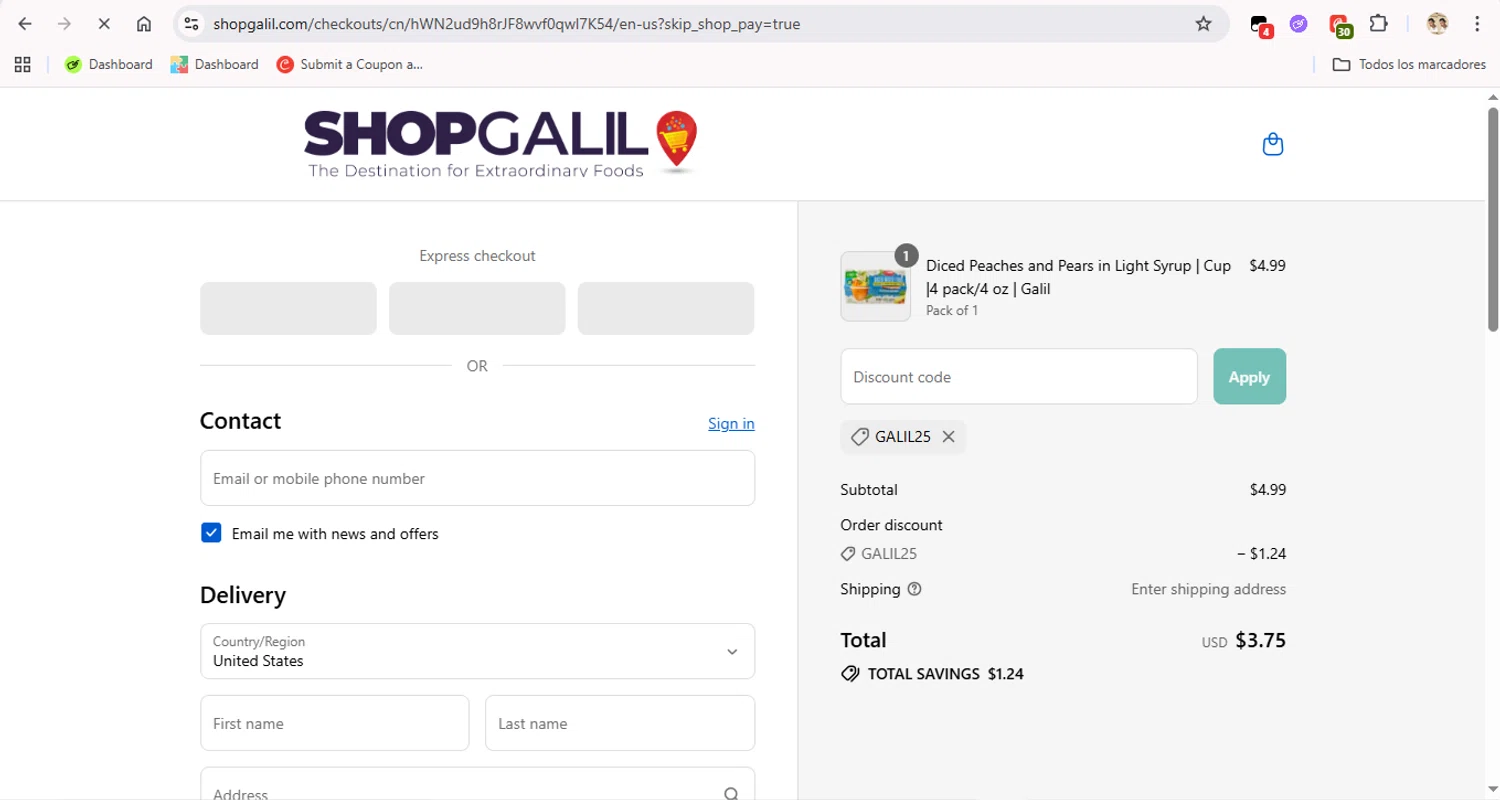 ShopGalil coupon code screenshot showing code GALIL25 applied at ShopGalil checkout page. Uploaded by SimplyCodes community member FrugalFox6593 on Sep 13, 2025
