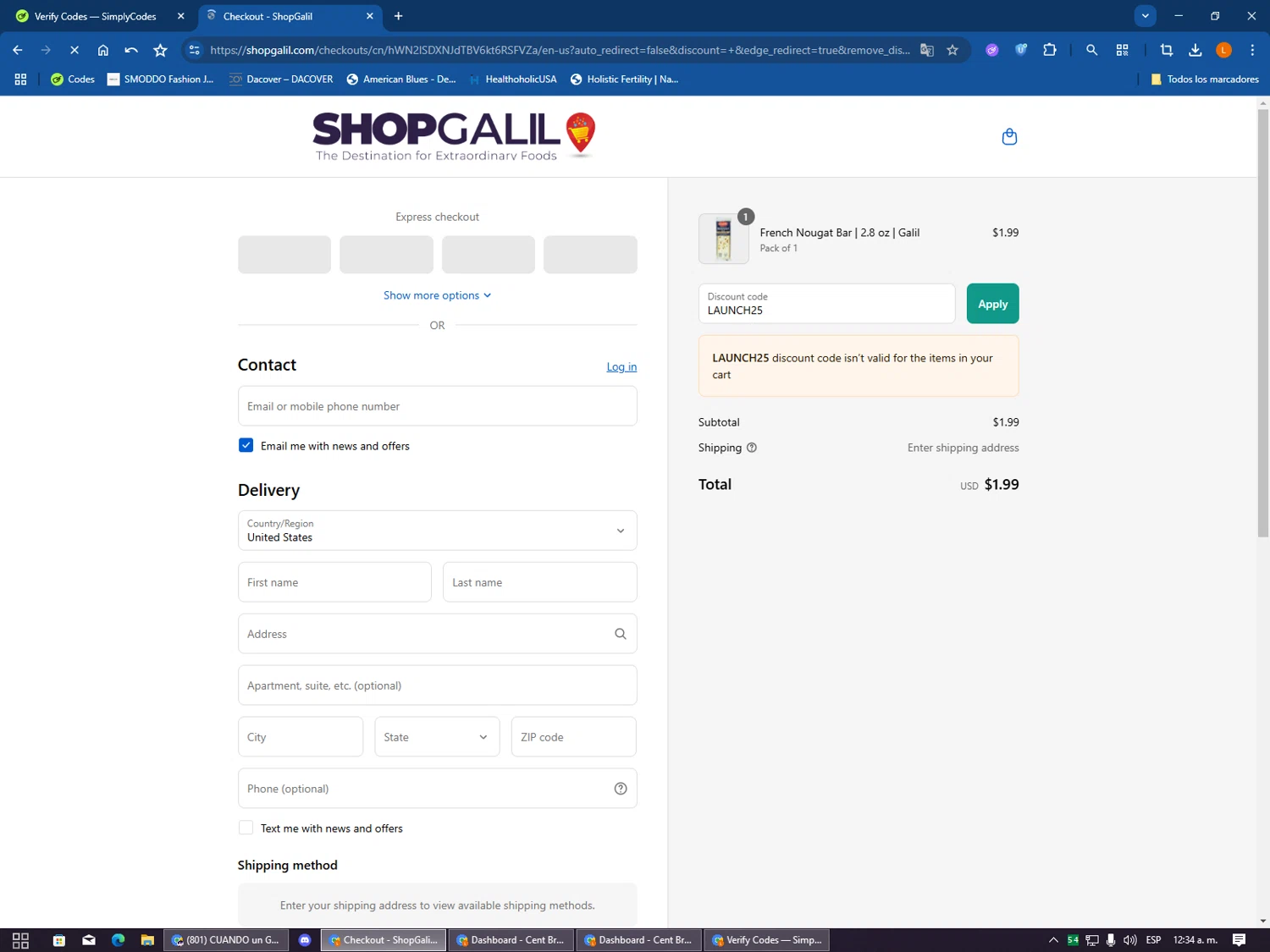 ShopGalil coupon code screenshot showing code LAUNCH25 applied at ShopGalil checkout page. Uploaded by SimplyCodes community member VictoriousSentinel2155 on Sep 9, 2025