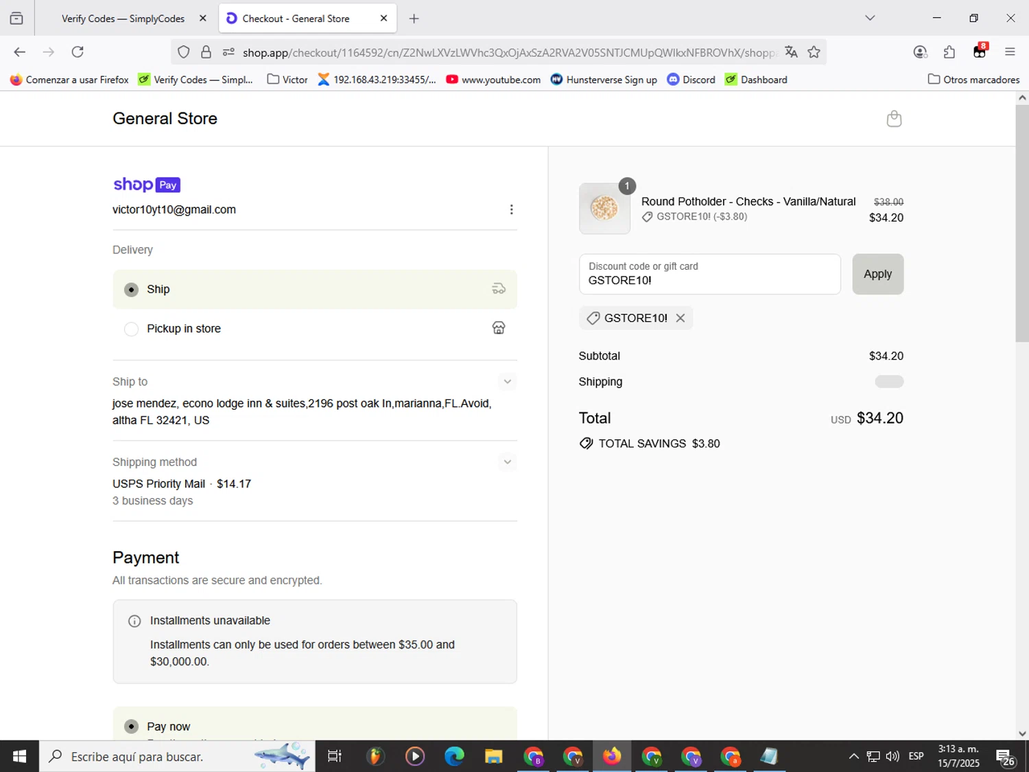 General Store promo code screenshot showing code GSTORE10! applied at General Store checkout page. Uploaded by SimplyCodes community member Garou_Y2K on Jul 15, 2025