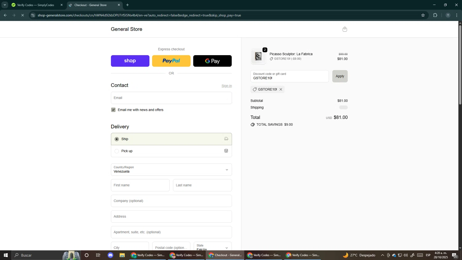 General Store promo code screenshot showing code GSTORE10! applied at General Store checkout page. Uploaded by SimplyCodes community member Makemusic on Oct 28, 2025