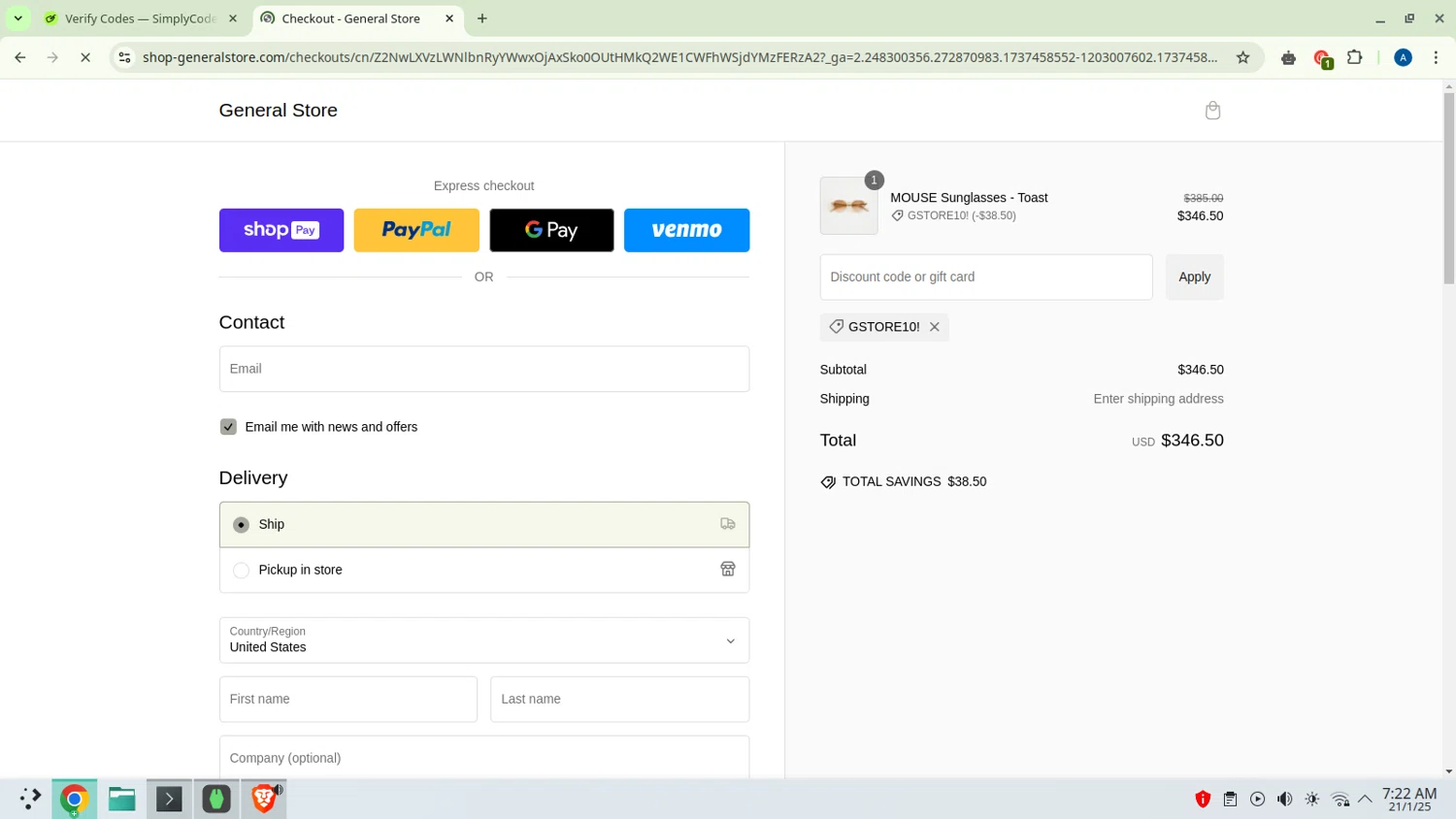 General Store promo code screenshot showing code GSTORE10! applied at General Store checkout page. Uploaded by SimplyCodes community member RoyalScout4450 on Jan 21, 2025