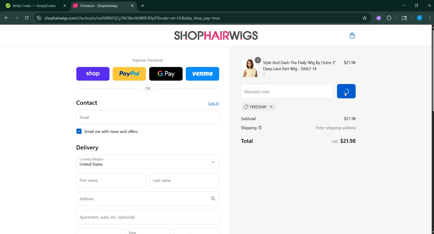 ShopHairWigs promo code screenshot showing code FREESHIP applied at ShopHairWigs checkout page. Uploaded by SimplyCodes community member GoldAdmiral5202 on Aug 31, 2025