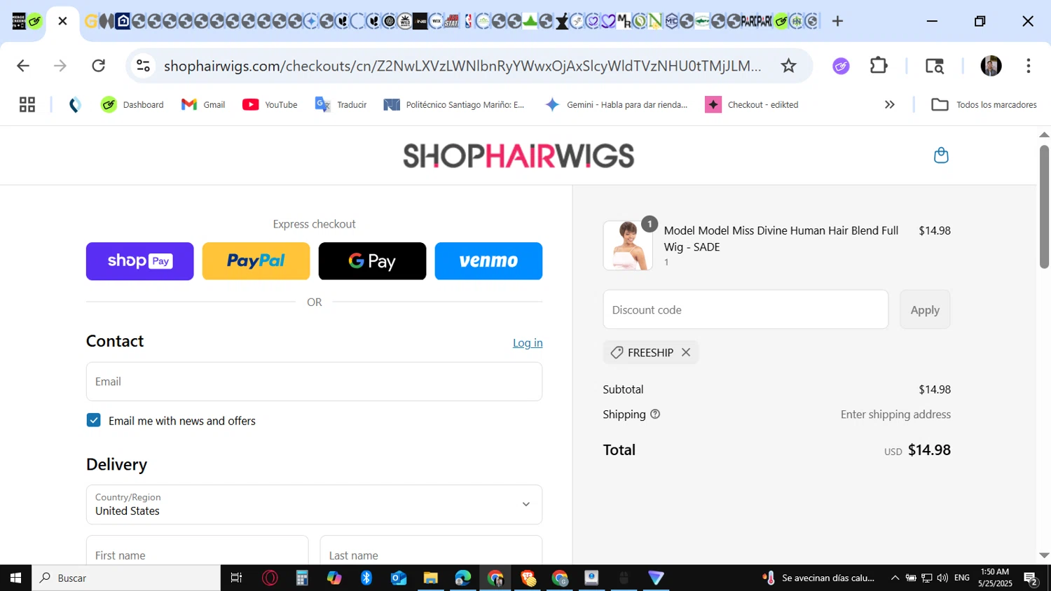 ShopHairWigs promo code screenshot showing code FREESHIP applied at ShopHairWigs checkout page. Uploaded by SimplyCodes community member KataldoMustafack on May 25, 2025