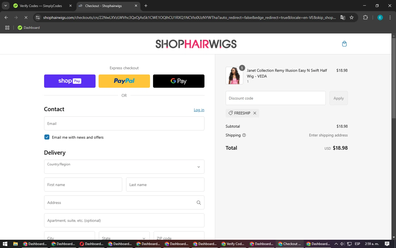 ShopHairWigs promo code screenshot showing code FREESHIP applied at ShopHairWigs checkout page. Uploaded by SimplyCodes community member MightyFox1680 on Feb 18, 2025