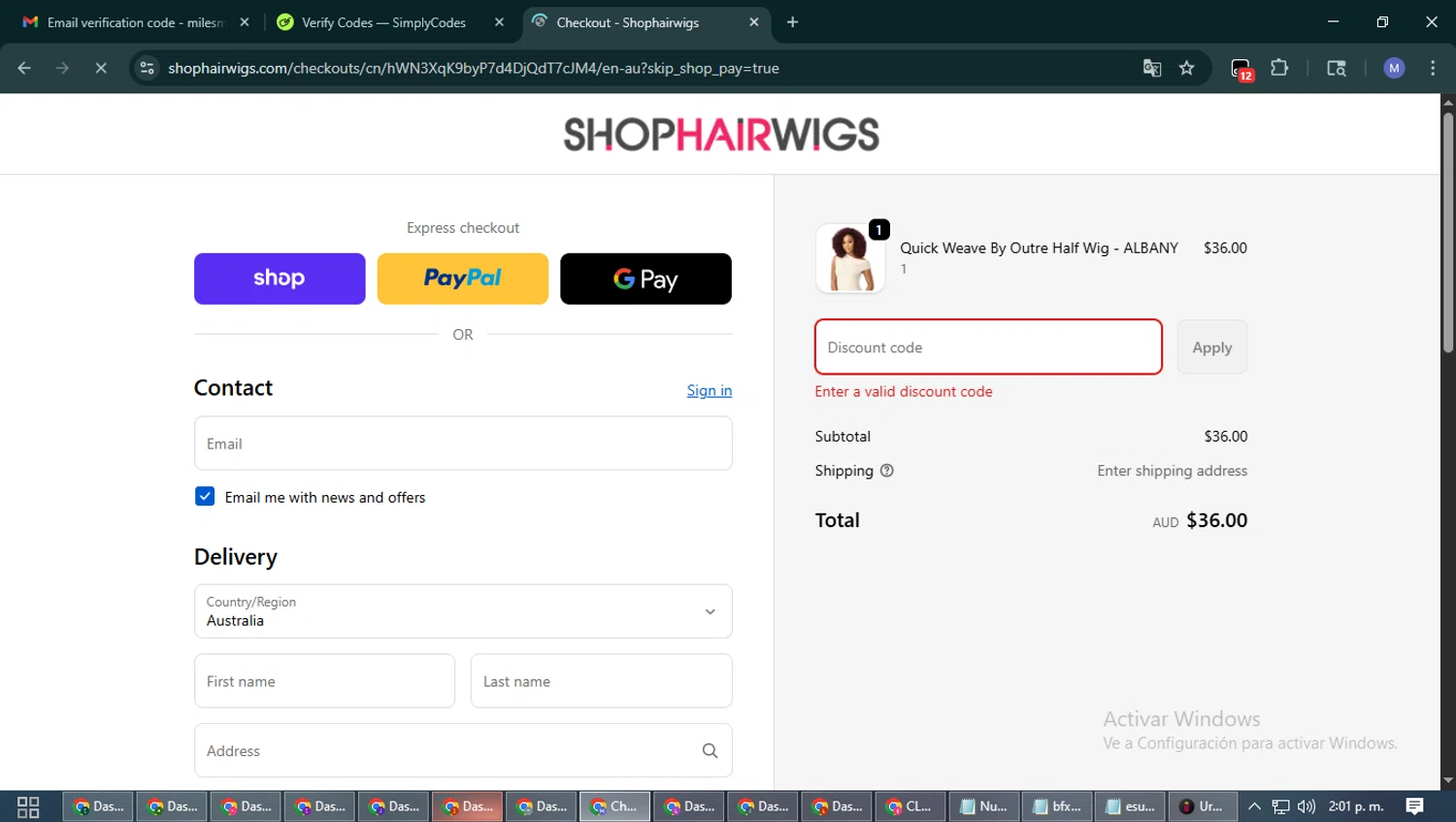 ShopHairWigs promo code screenshot showing code LABORDAY10 applied at ShopHairWigs checkout page. Uploaded by SimplyCodes community member PrimeFox5260 on Sep 29, 2025