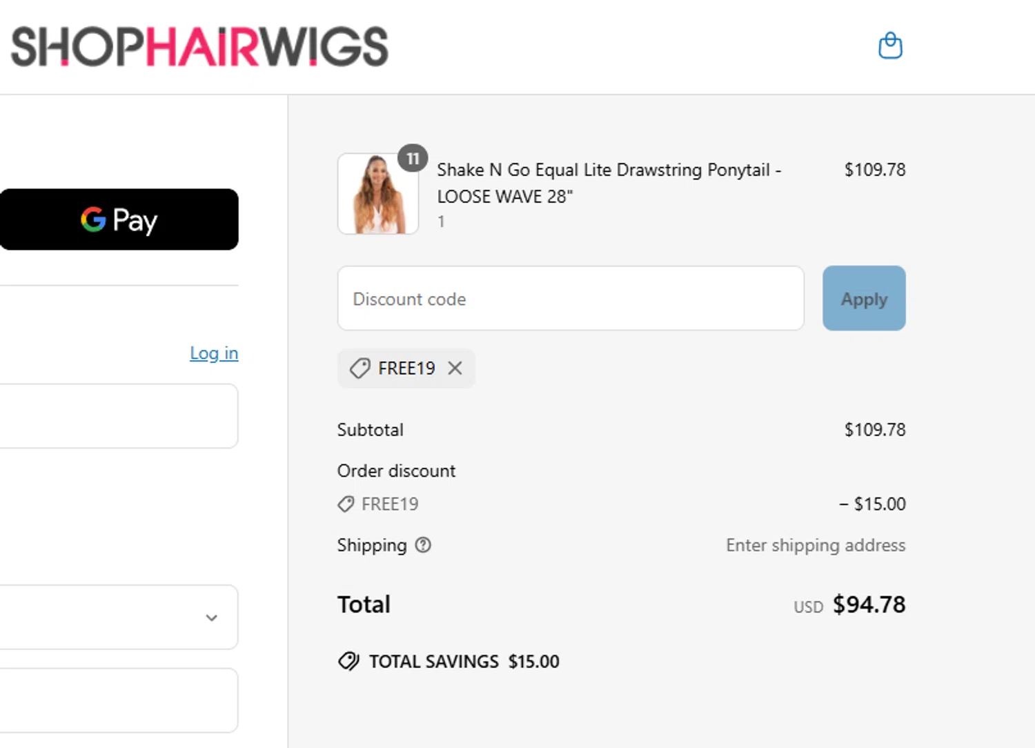 ShopHairWigs promo code screenshot showing code FREE19 applied at ShopHairWigs checkout page. Uploaded by SimplyCodes community member aumentadax10 on Jun 17, 2025