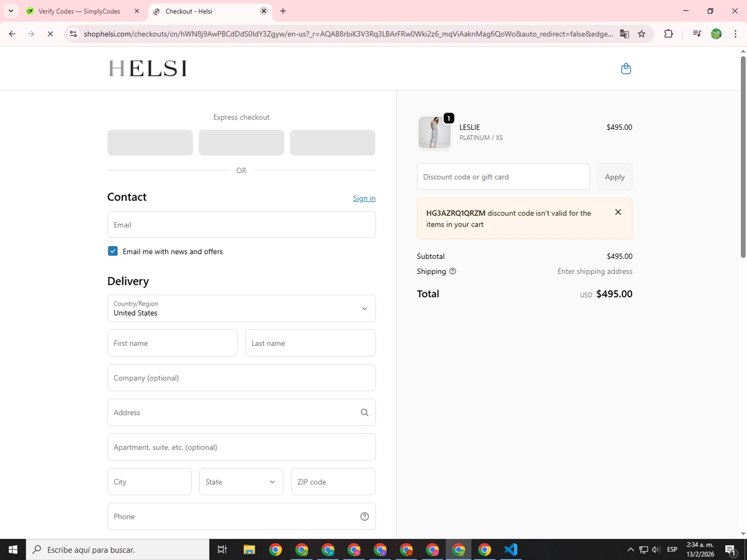 Helsi discount code screenshot showing code HG3AZRQ1QRZM applied at Helsi checkout page. Uploaded by SimplyCodes community member SwiftChaser6655 on Feb 13, 2026