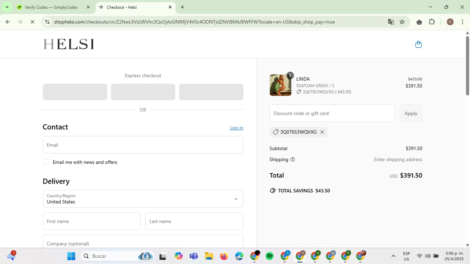 Helsi discount code screenshot showing code 3Q076S3WQVXG applied at Helsi checkout page. Uploaded by SimplyCodes community member NobleExpert6497 on Apr 25, 2025