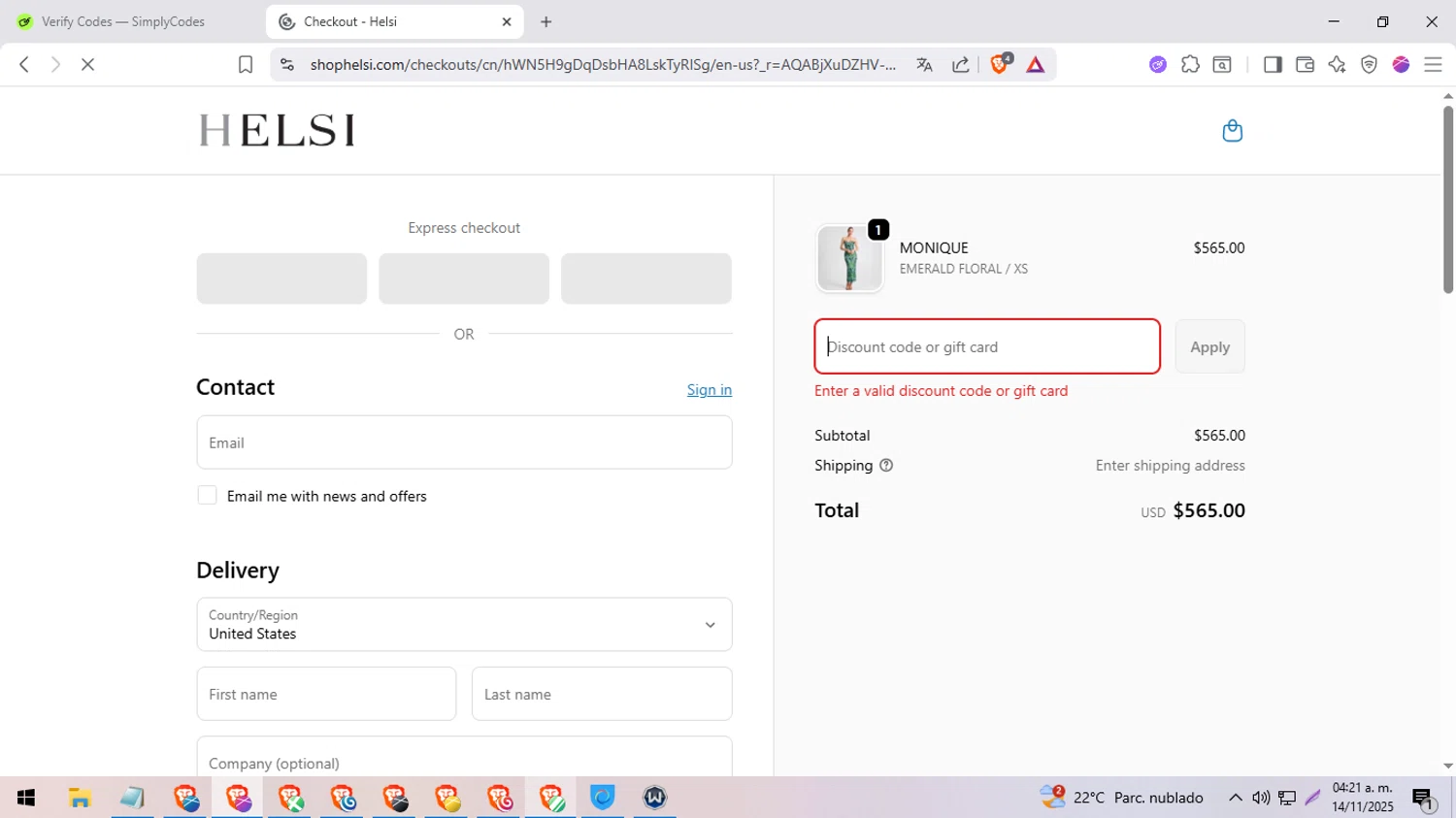 Helsi discount code screenshot showing code EXTRA25 applied at Helsi checkout page. Uploaded by SimplyCodes community member BargainExpert9390 on Nov 14, 2025