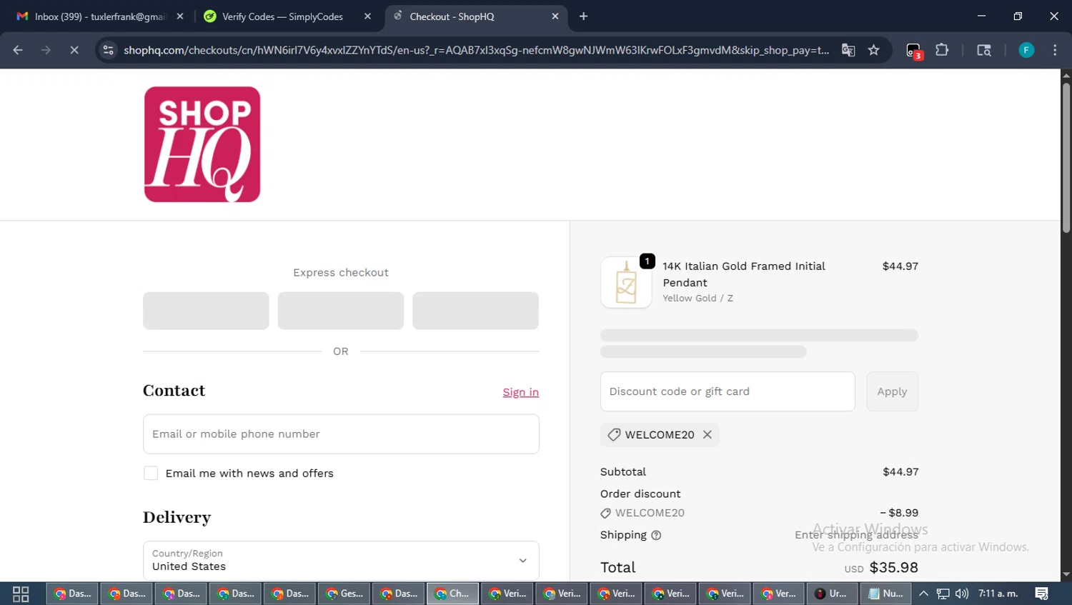 ShopHQ promo code screenshot showing code WELCOME20 applied at ShopHQ checkout page. Uploaded by SimplyCodes community member ShrewdTitan3233 on Dec 22, 2025