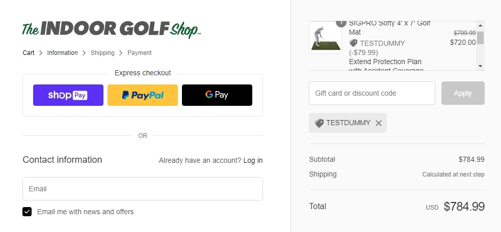 where to use Shop Indoor Golf promo code box