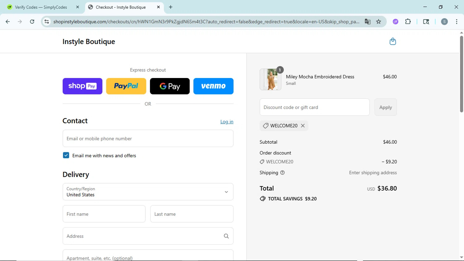 InStyle Auctions & Boutique coupon code screenshot showing code WELCOME20 applied at InStyle Auctions & Boutique checkout page. Uploaded by SimplyCodes community member EpicScholar6418 on Jul 31, 2025
