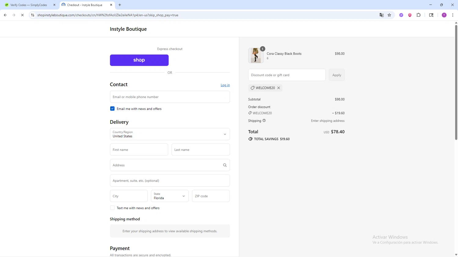 InStyle Auctions & Boutique coupon code screenshot showing code WELCOME20 applied at InStyle Auctions & Boutique checkout page. Uploaded by SimplyCodes community member ShrewdSleuth9497 on Sep 6, 2025