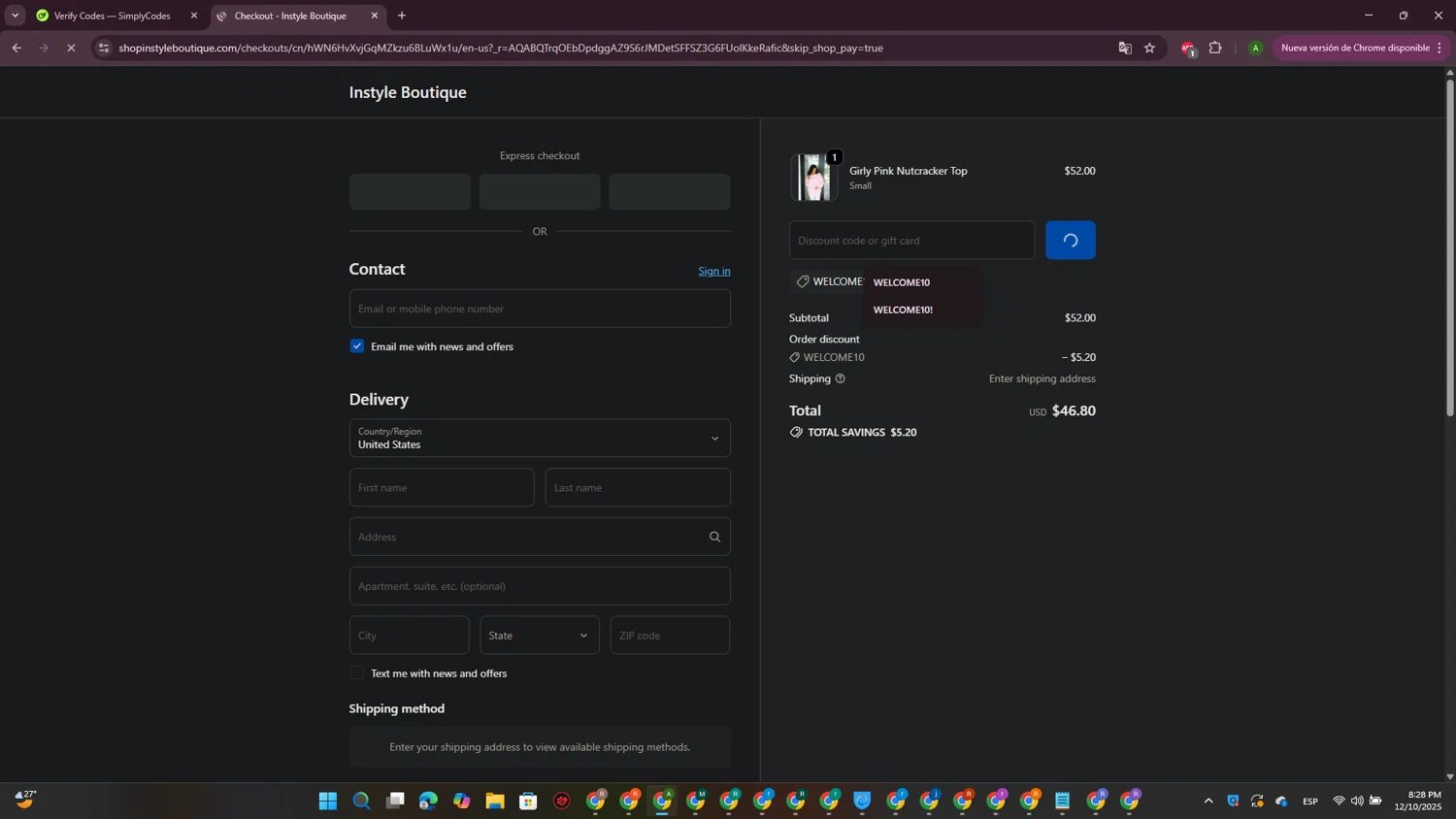 InStyle Auctions & Boutique coupon code screenshot showing code WELCOME10 applied at InStyle Auctions & Boutique checkout page. Uploaded by SimplyCodes community member CrownPioneer7057 on Dec 11, 2025