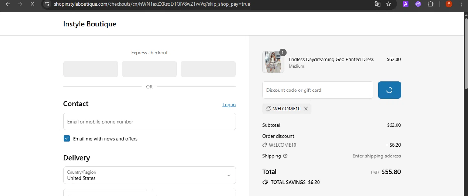 InStyle Auctions & Boutique coupon code screenshot showing code WELCOME10 applied at InStyle Auctions & Boutique checkout page. Uploaded by SimplyCodes community member CrownTiger7501 on Aug 9, 2025