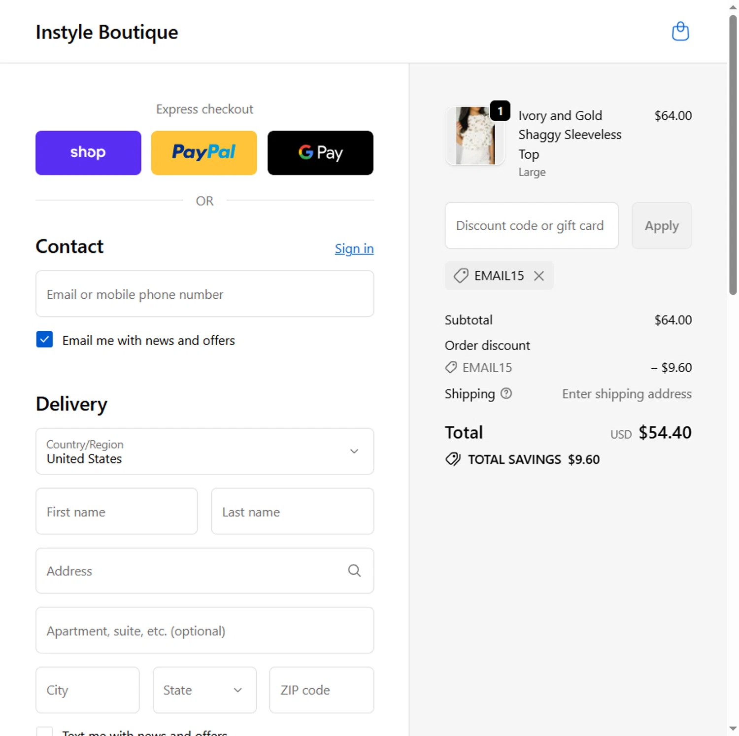 InStyle Auctions & Boutique coupon code screenshot showing code EMAIL15 applied at InStyle Auctions & Boutique checkout page. Uploaded by SimplyCodes community member Beaaalmera on Dec 5, 2025