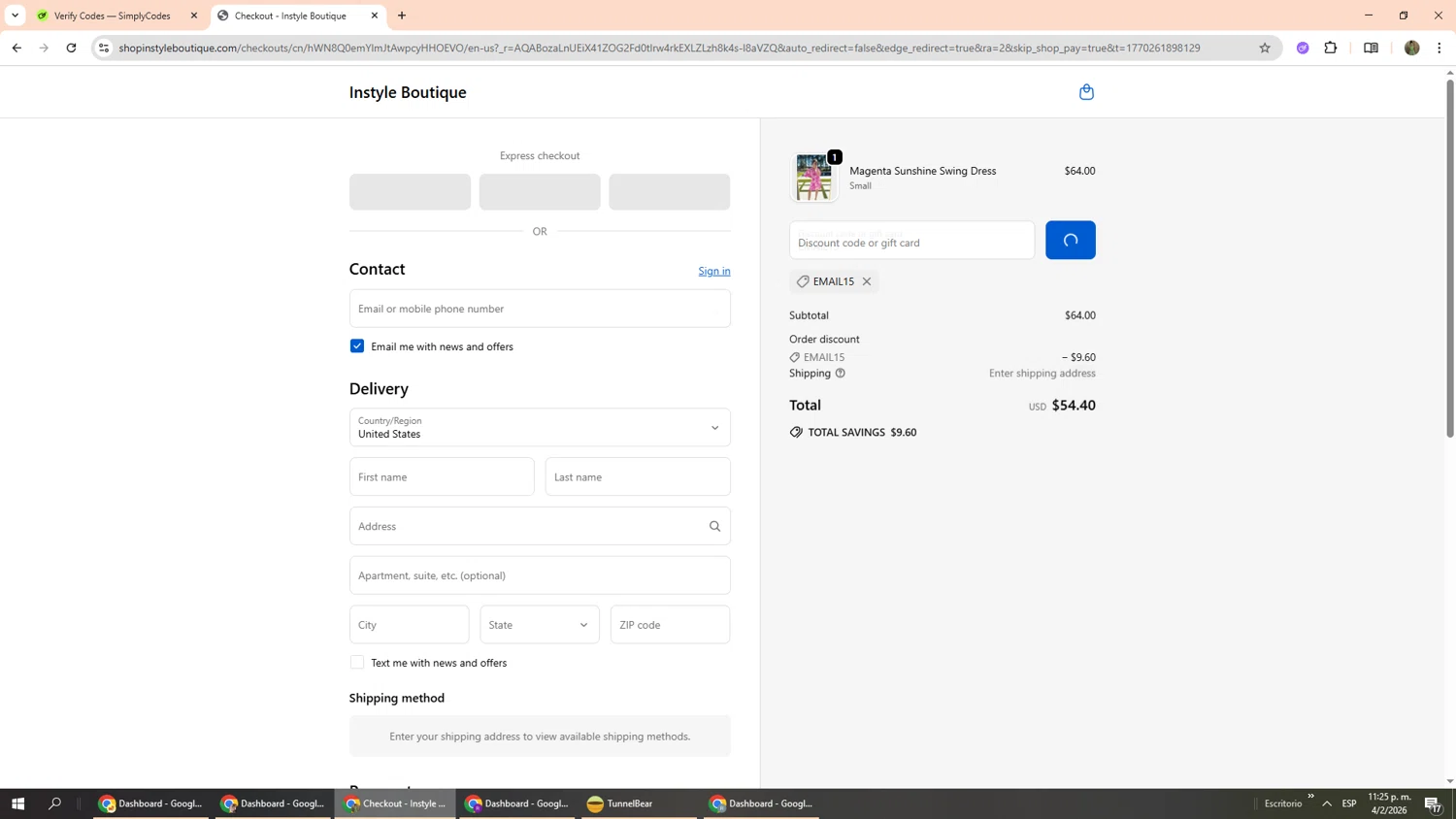 InStyle Auctions & Boutique coupon code screenshot showing code EMAIL15 applied at InStyle Auctions & Boutique checkout page. Uploaded by SimplyCodes community member Phoenix585 on Feb 5, 2026
