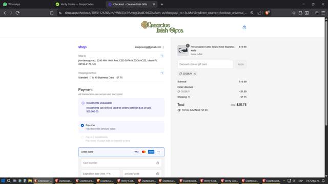 Creative Irish Gifts checkout page showing Creative Irish Gifts promo code box | Screenshot taken by SimplyCodes community member on Sep 16, 2025