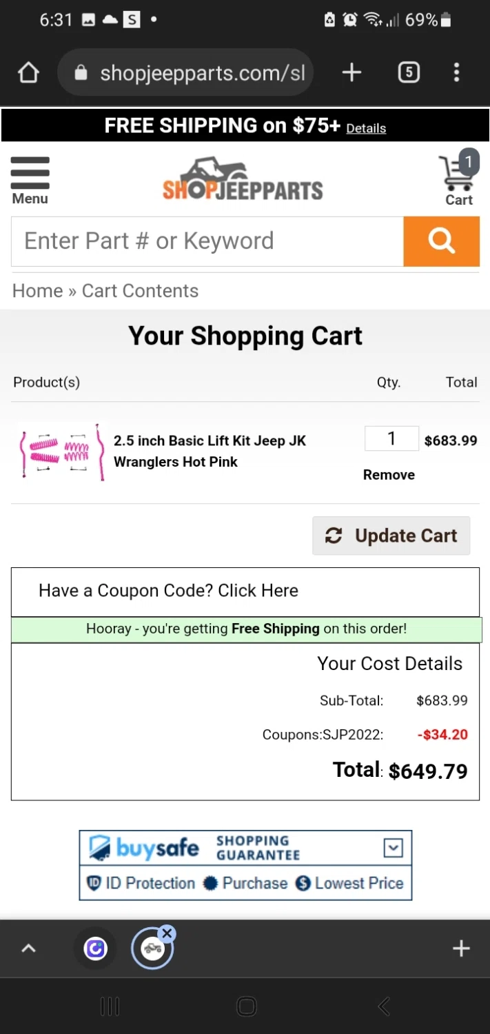 Shop Jeep Parts checkout page showing Shop Jeep Parts coupon code box | Screenshot taken by SimplyCodes community member on Feb 24, 2023
