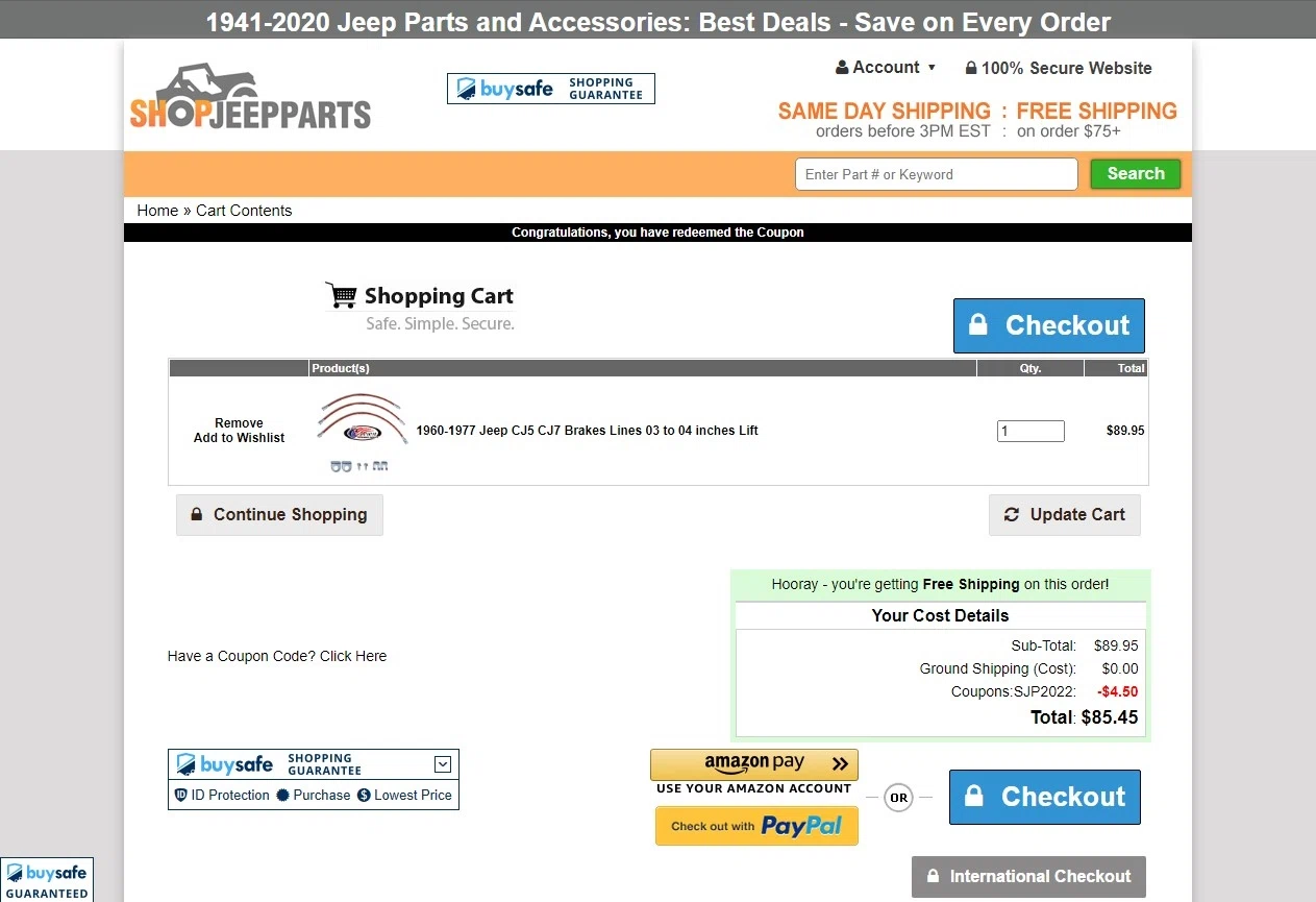 Shop Jeep Parts checkout page showing Shop Jeep Parts coupon code box | Screenshot taken by SimplyCodes community member on Oct 31, 2022