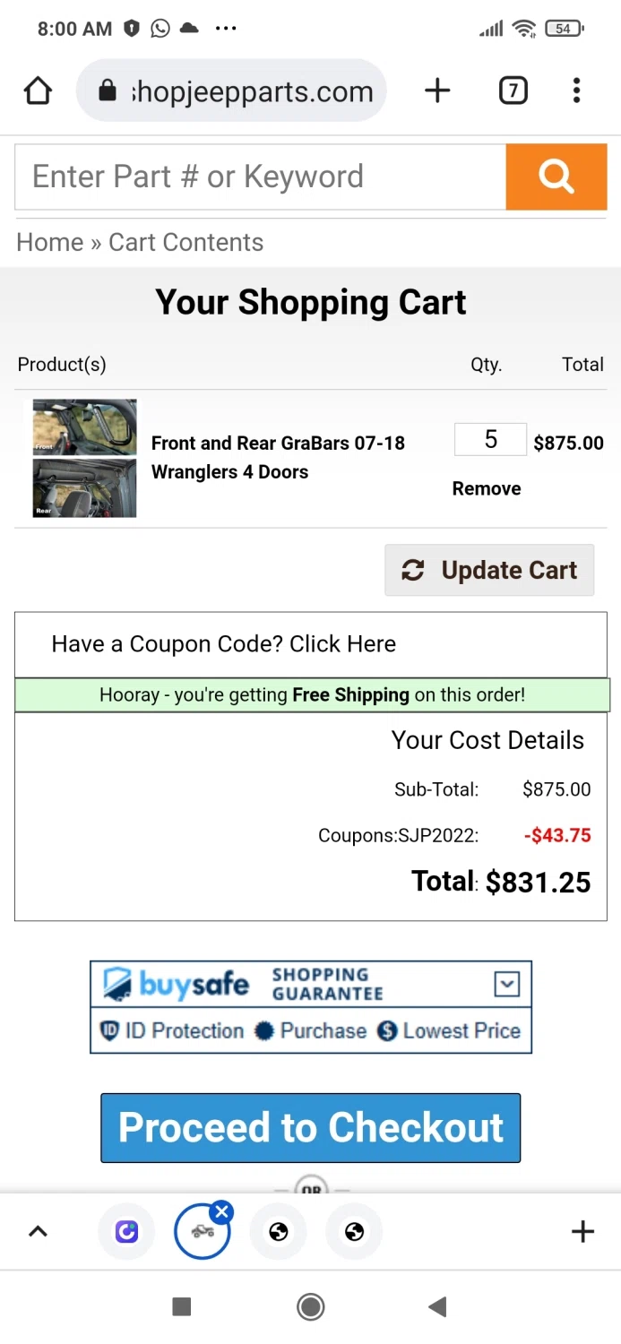 Shop Jeep Parts checkout page showing Shop Jeep Parts coupon code box | Screenshot taken by SimplyCodes community member on Dec 28, 2022
