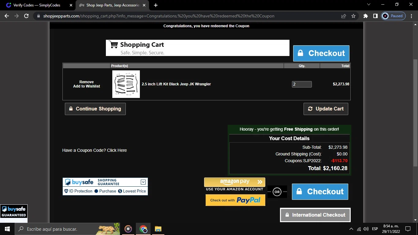 Shop Jeep Parts checkout page showing Shop Jeep Parts coupon code box | Screenshot taken by SimplyCodes community member on Nov 29, 2022