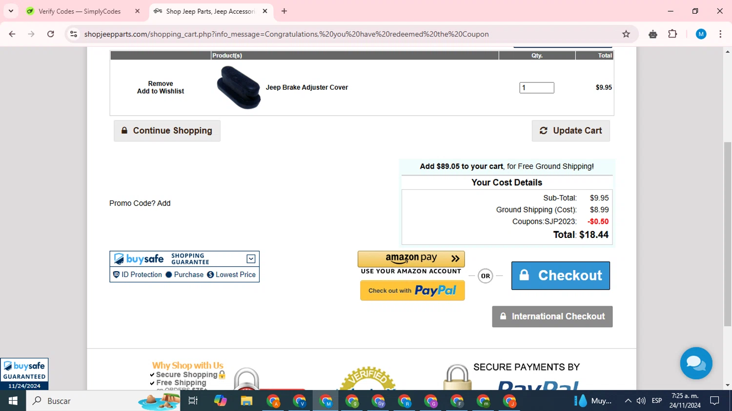 Shop Jeep Parts checkout page showing Shop Jeep Parts coupon code box | Screenshot taken by SimplyCodes community member on Nov 24, 2024