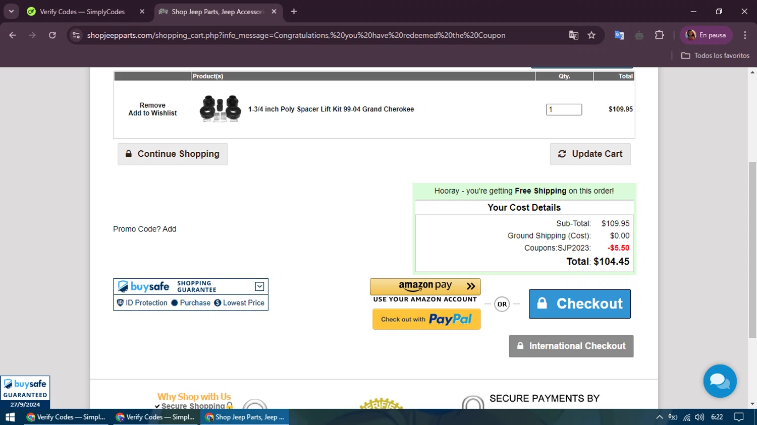 Shop Jeep Parts checkout page showing Shop Jeep Parts coupon code box | Screenshot taken by SimplyCodes community member on Sep 27, 2024