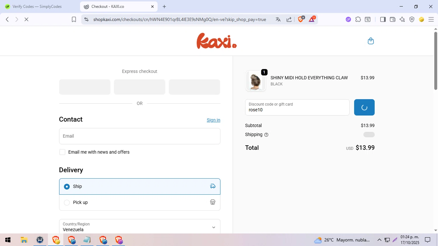 KAXI.co promo code screenshot showing code rose10 applied at KAXI.co checkout page. Uploaded by SimplyCodes community member LegendaryFox4384 on Oct 17, 2025