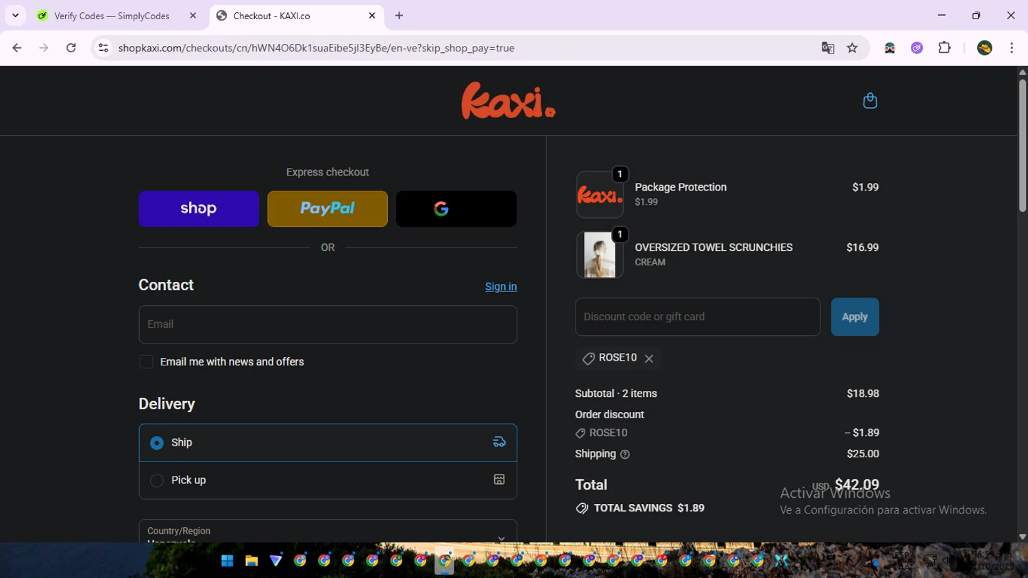 KAXI.co promo code screenshot showing code rose10 applied at KAXI.co checkout page. Uploaded by SimplyCodes community member RewardNavigator9728 on Oct 21, 2025