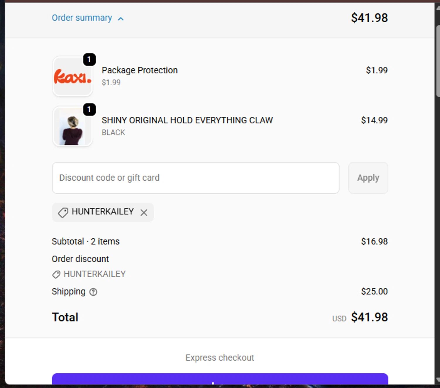 KAXI.co promo code screenshot showing code Hunterkailey applied at KAXI.co checkout page. Uploaded by SimplyCodes community member FrugalHunter3134 on Oct 17, 2025