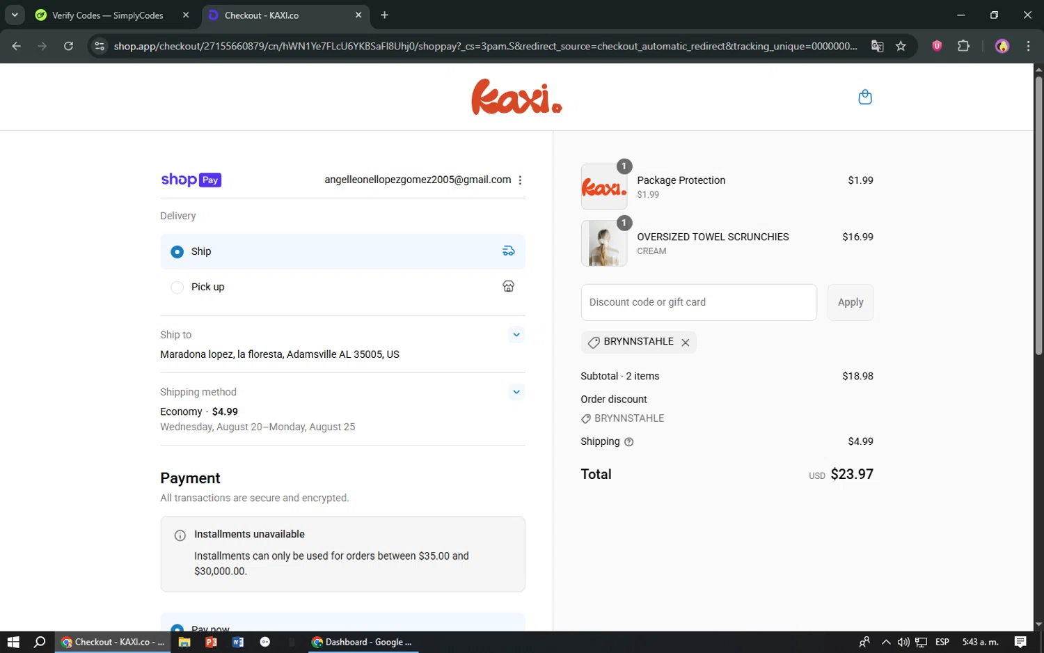 KAXI.co promo code screenshot showing code brynnstahle applied at KAXI.co checkout page. Uploaded by SimplyCodes community member TreasureShopper9156 on Aug 8, 2025