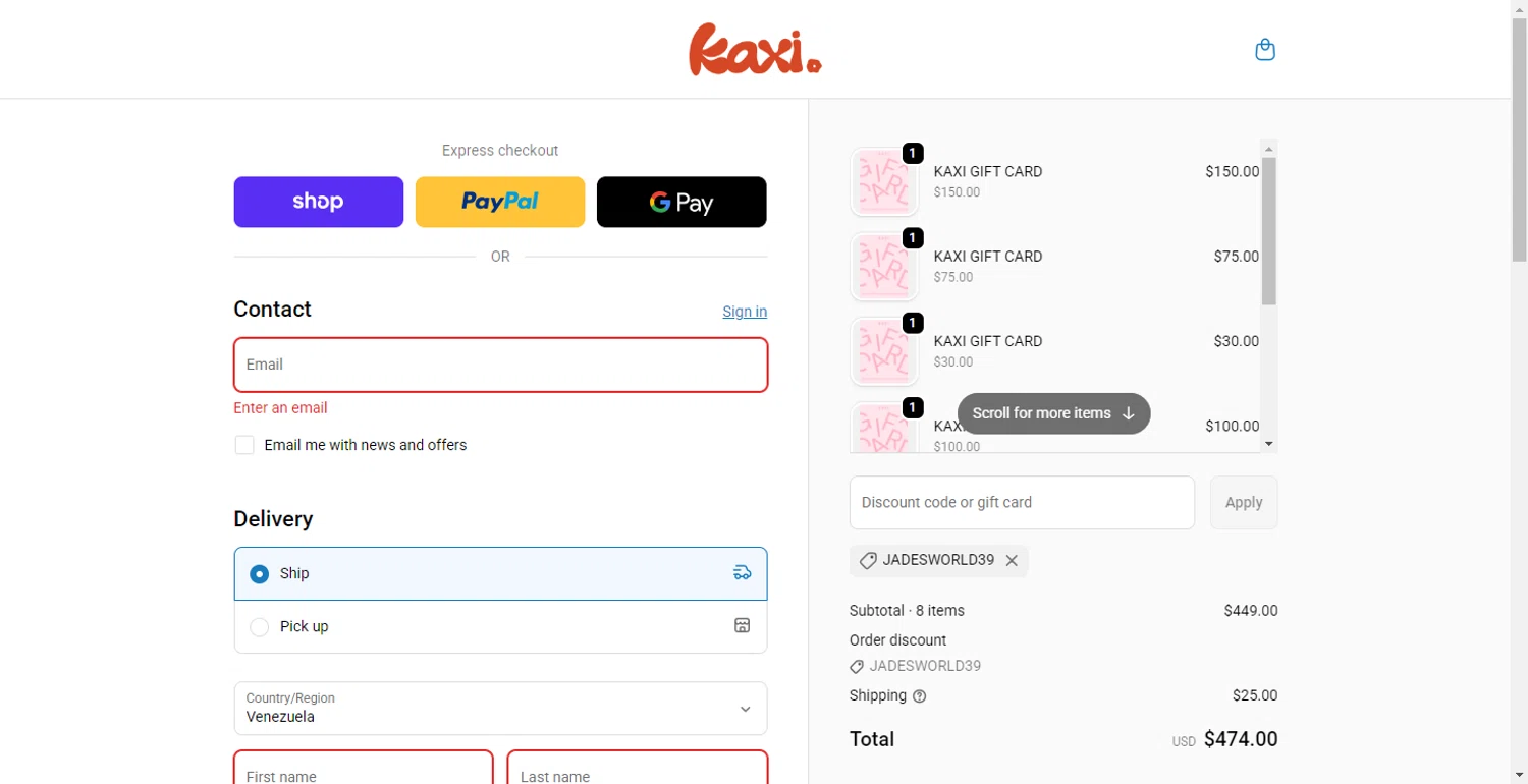 KAXI.co promo code screenshot showing code jadesworld39 applied at KAXI.co checkout page. Uploaded by SimplyCodes community member BonusFox1297 on Nov 3, 2025