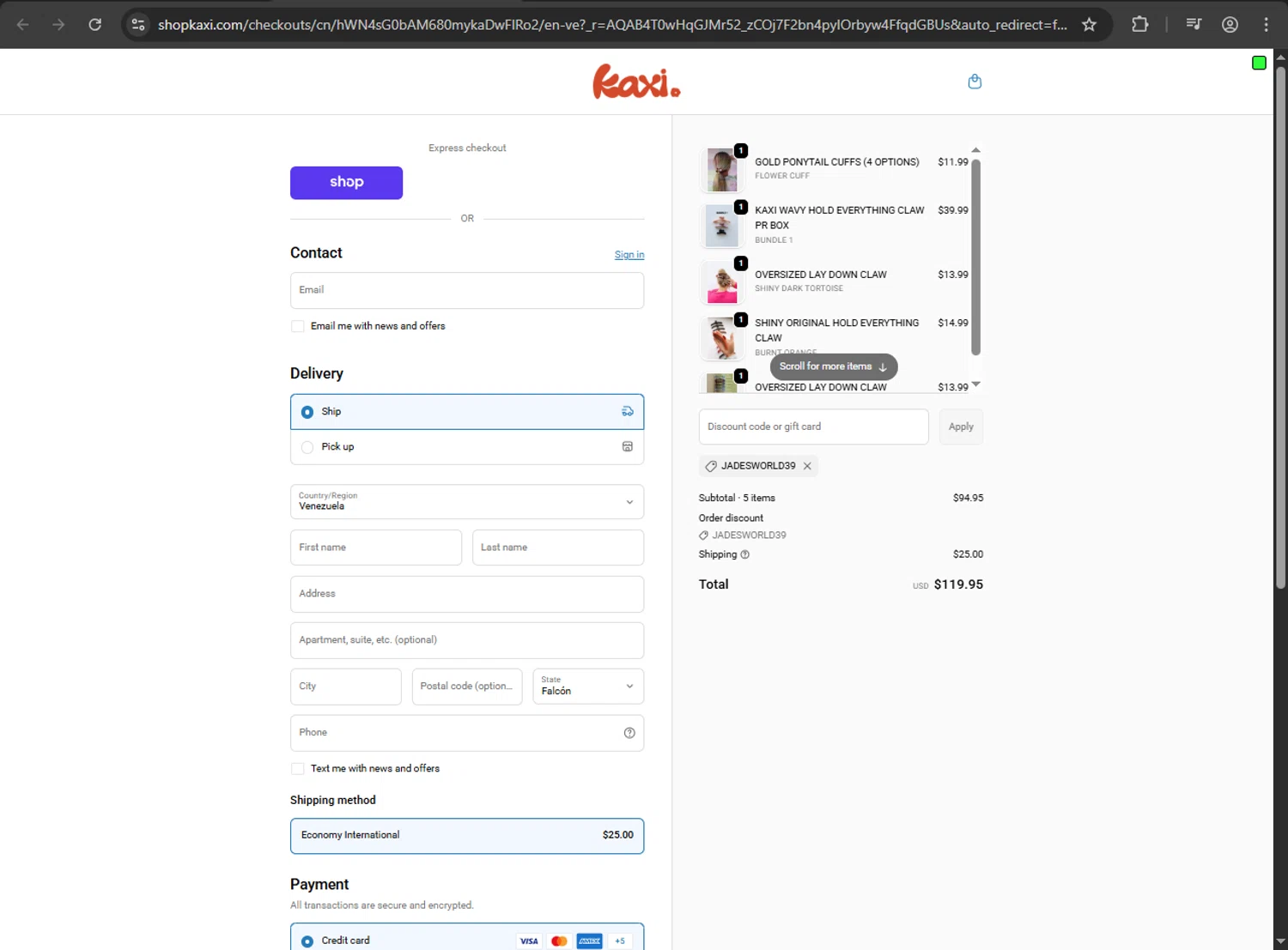 KAXI.co promo code screenshot showing code jadesworld39 applied at KAXI.co checkout page. Uploaded by SimplyCodes community member fiadaz on Nov 3, 2025